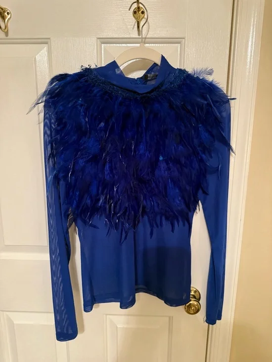 Royal Blue Feather-Trim Mesh Top - Picture 6 of 8
